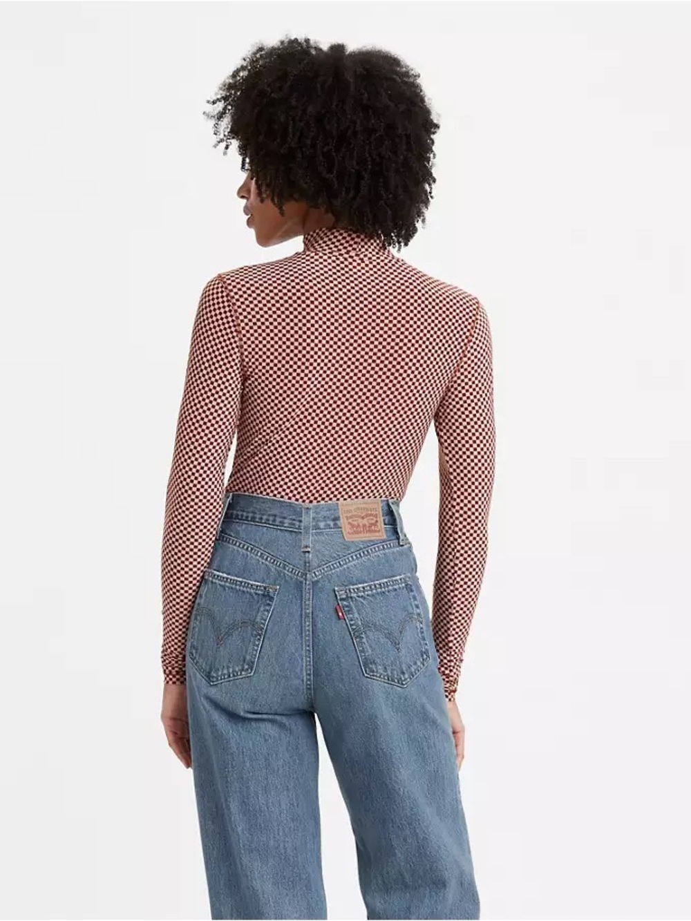 Checked Mock Neck Long-Sleeve Top in Red - Picture 6 of 6